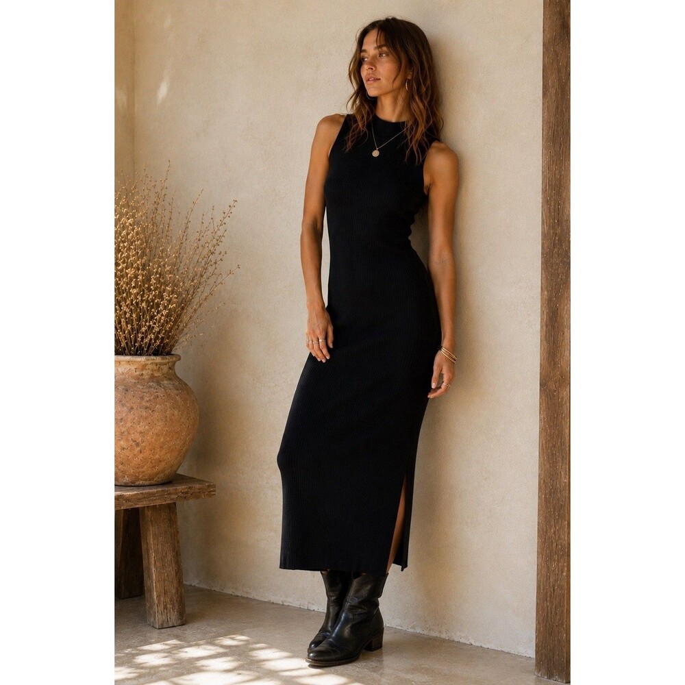Abercrombie & Fitch Ribbed Mock Neck Midi Sweater Dress Black Bodycon M